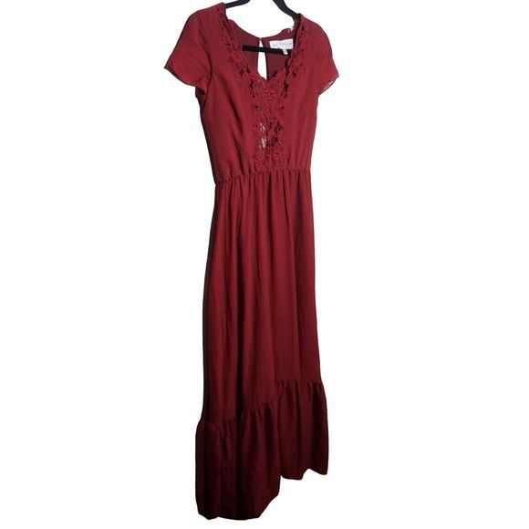 Dress The Population Red Flowy Long Maxi Dress Short Sleeve Lace Sz XS Women's - Picture 3 of 6